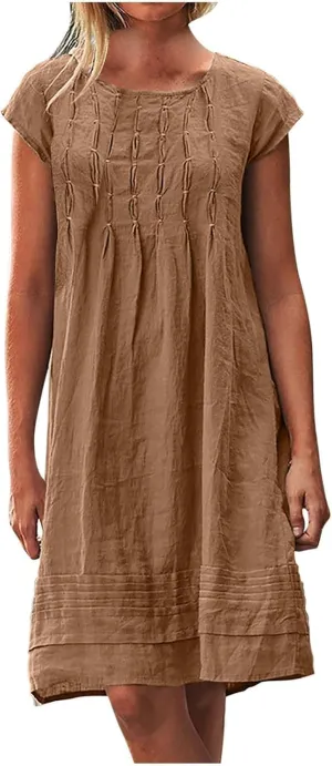 Cotton Linen Dress Women Pleated Summer Plus Size Dresses Casual Mini Dress Short Sleeve Beach Vacation Sundress