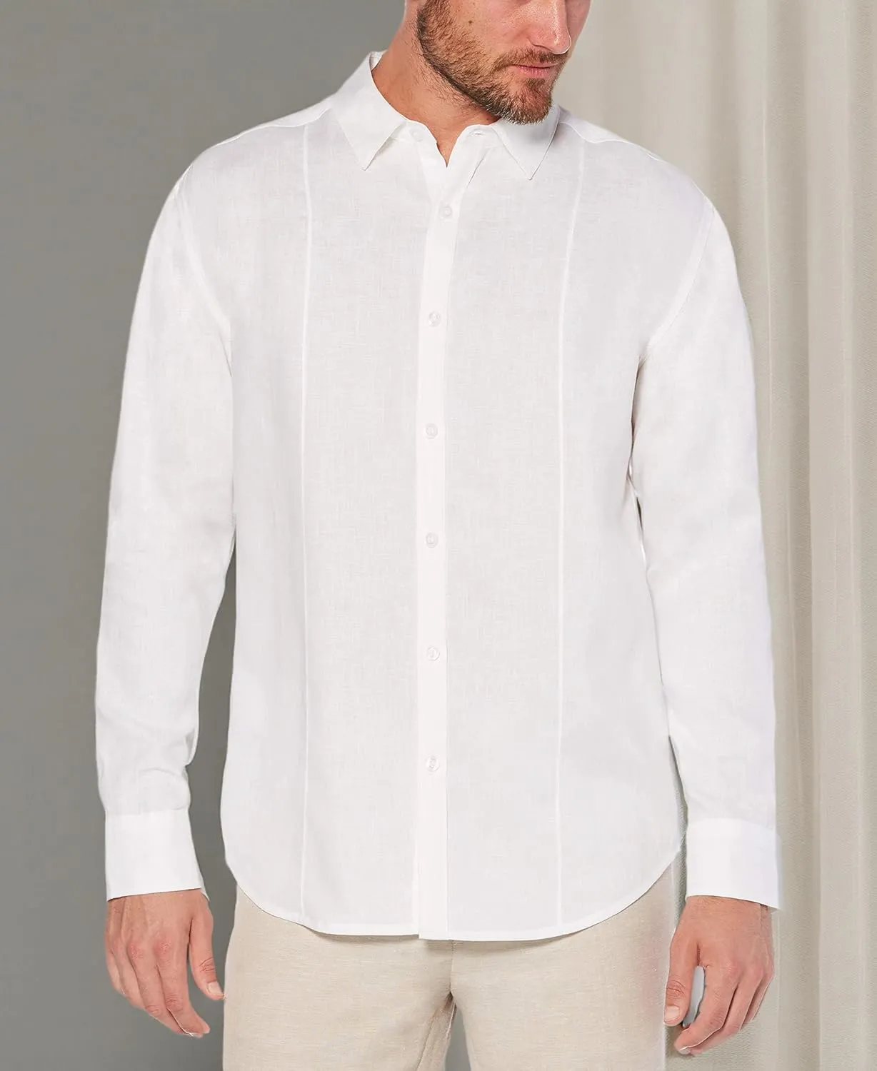 Cubavera Men's Cubavera Men'S 100% Linen Long Sleeve Shirt With Pintuck Detail, Relaxed Fit, Spread Collar