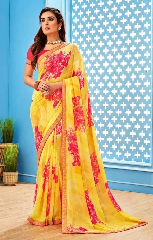 Designer Yellow/Pink Georgette Printed Saree for Casual Wear (D510)