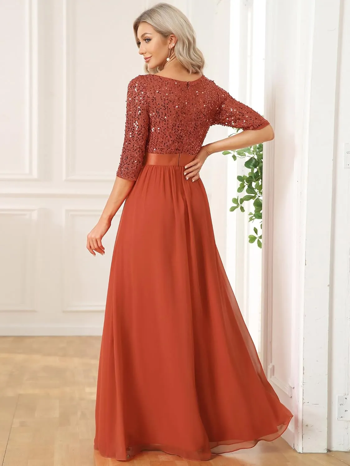Ever-Pretty Women's Elegant A Line Crew Neck Half Sleeve Sequin Maxi Evening Dress 00683