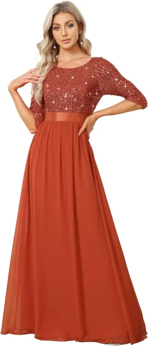Ever-Pretty Women's Elegant A Line Crew Neck Half Sleeve Sequin Maxi Evening Dress 00683