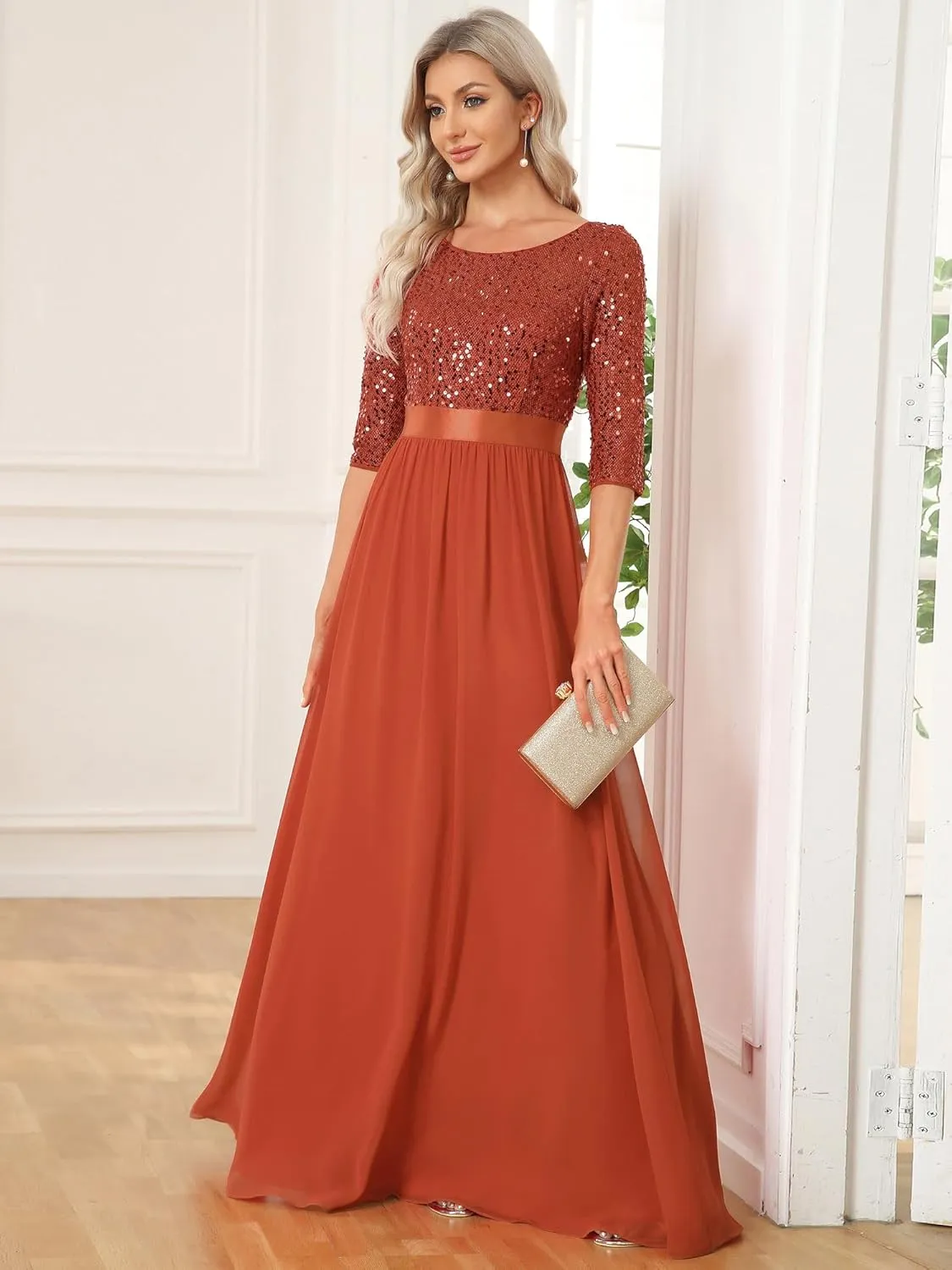 Ever-Pretty Women's Elegant A Line Crew Neck Half Sleeve Sequin Maxi Evening Dress 00683
