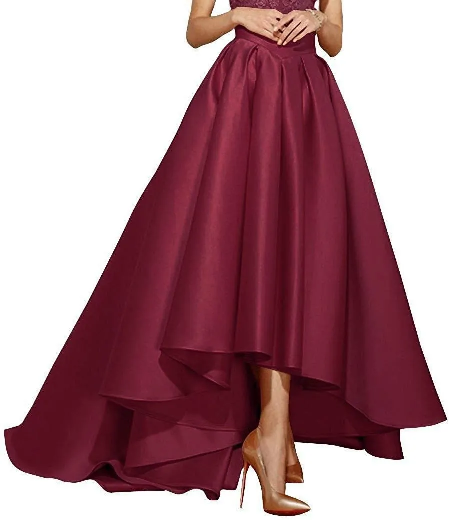High Low Satin Skirts Pleated Maxi A Line High Waist Formal Prom Skirt Wedding Dress for Women
