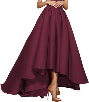 High Low Satin Skirts Pleated Maxi A Line High Waist Formal Prom Skirt Wedding Dress for Women