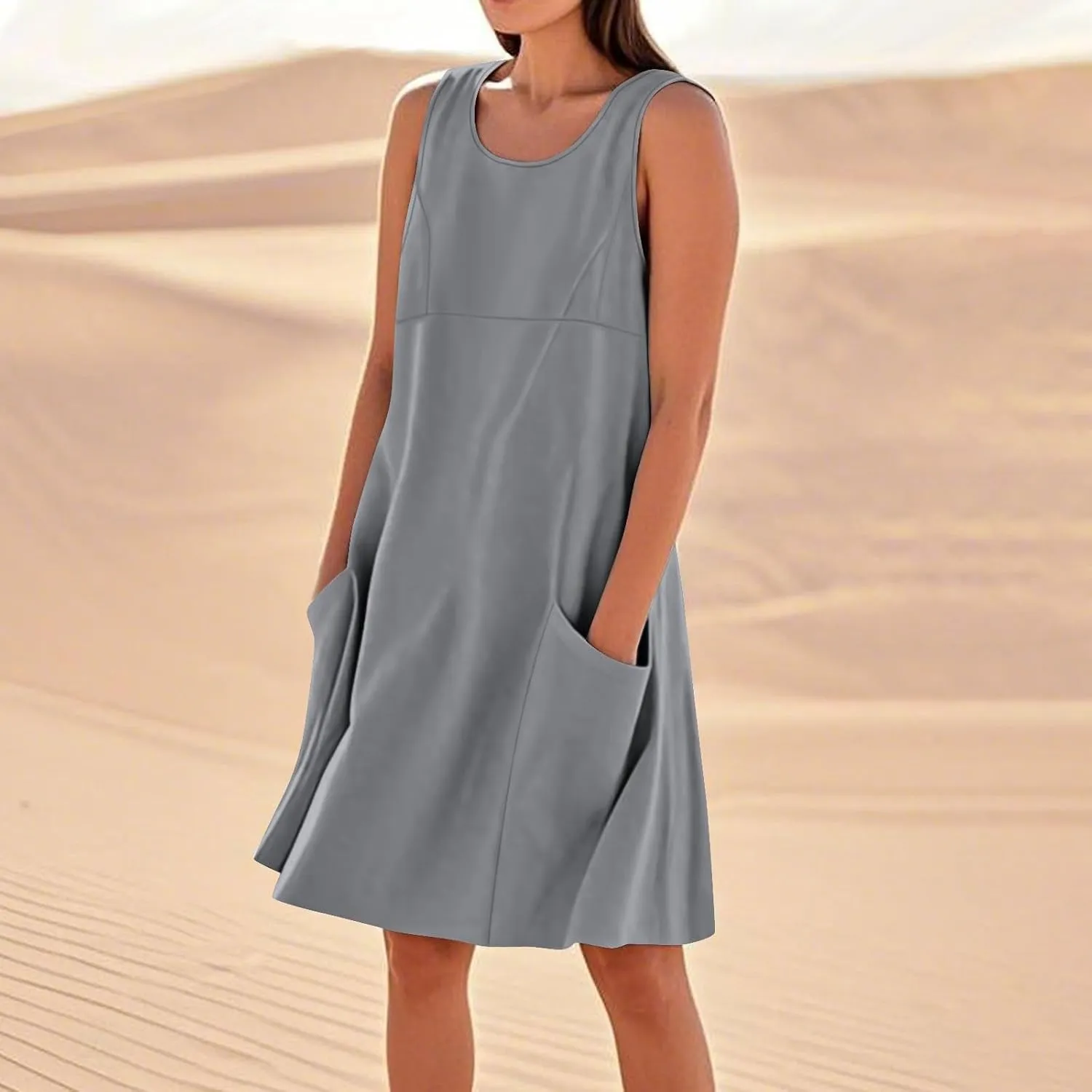 hlysgo Summer Dresses for Women 2025 Vacation Beach Cotton Linen Dress Flowy Comfy Sleeveless Mini Sundress with Pockets