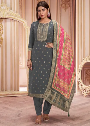Iron Grey Dola Silk Suit Featuring Jacquard Pattern Weaving Iron Grey Dola Silk Suit Featuring Jacquard Pattern Weaving