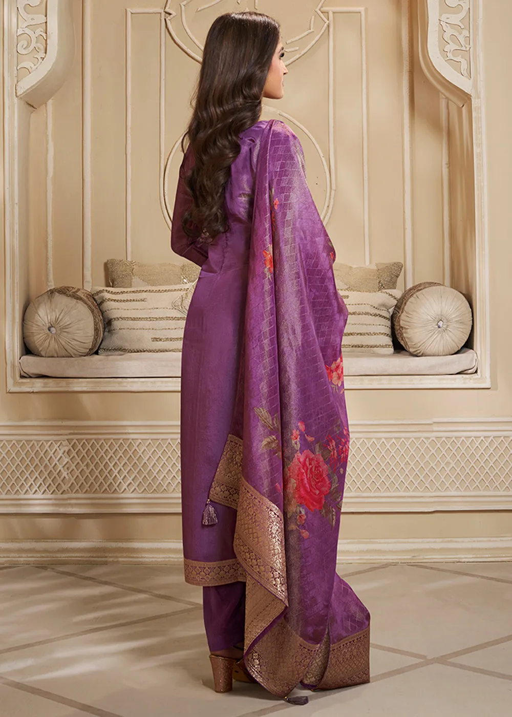 Itten Purple Jacquard Suit in Tissue Silk Featuring Floral Jaal