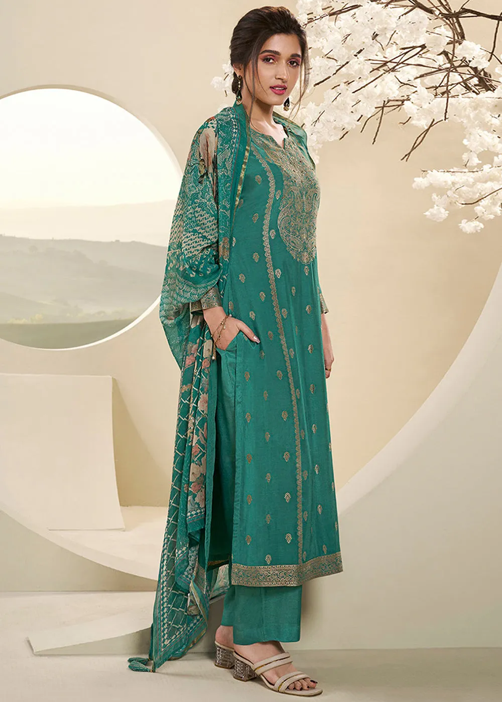 Jade Green Muslin Jacquard Suit Featuring Designer Yoke & Thread Weaving work