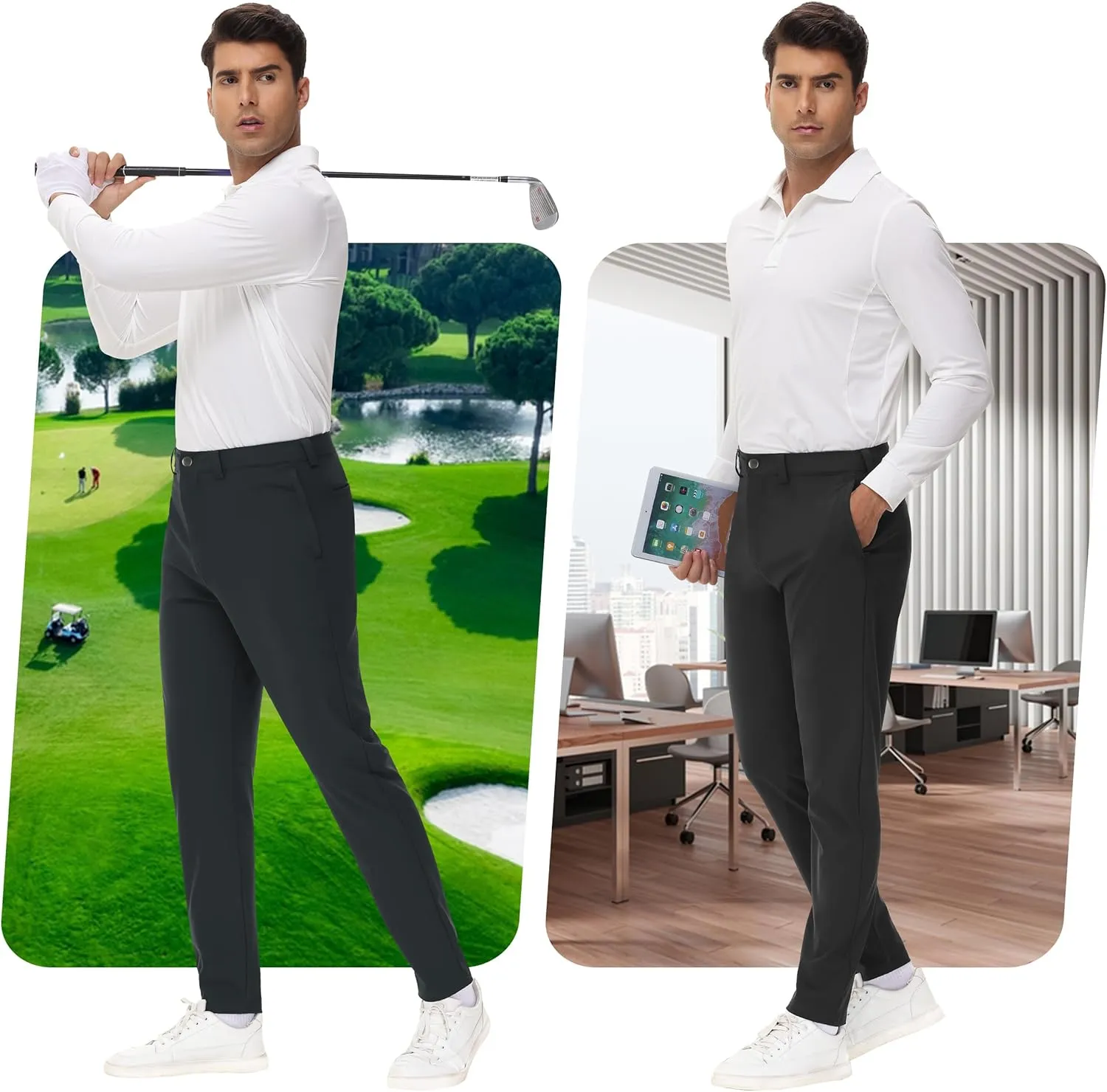 JWM 29"/30"/31"/32" Mens Golf Pants Stretch Straight Leg Relaxed Fit Dress Pants Lightweight Comfy Casual Trousers Zip Pocket
