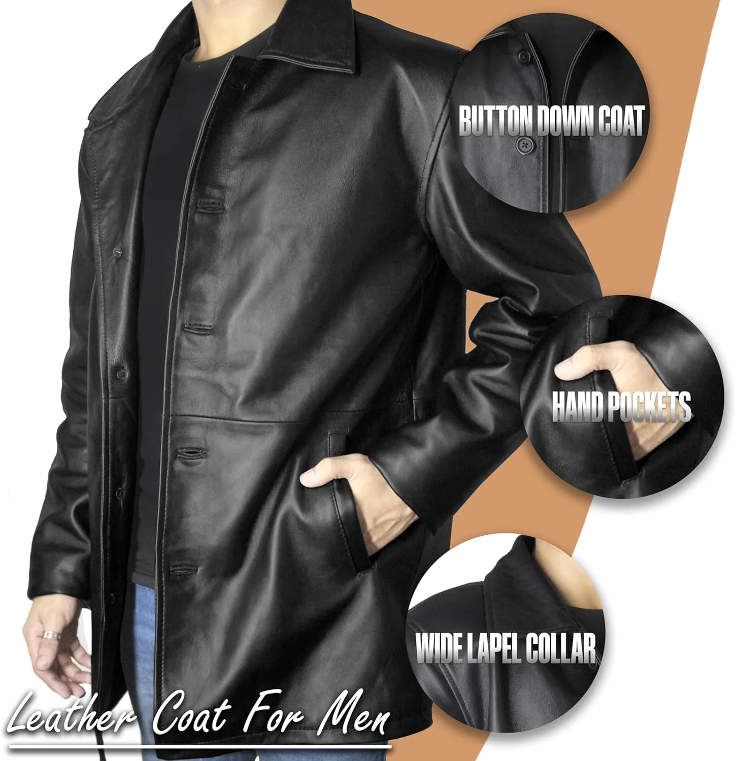 Leather Car Coat For Men Genuine Lambskin Mens Trench Coat - Classic Long Coat For Men