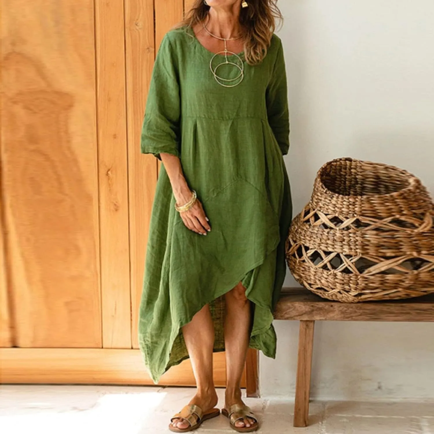 Linen Dresses for Women Casual Summer Maxi Dress Short Sleeve Boho Dress Plus Size Beach Vacation Sundress Clothes