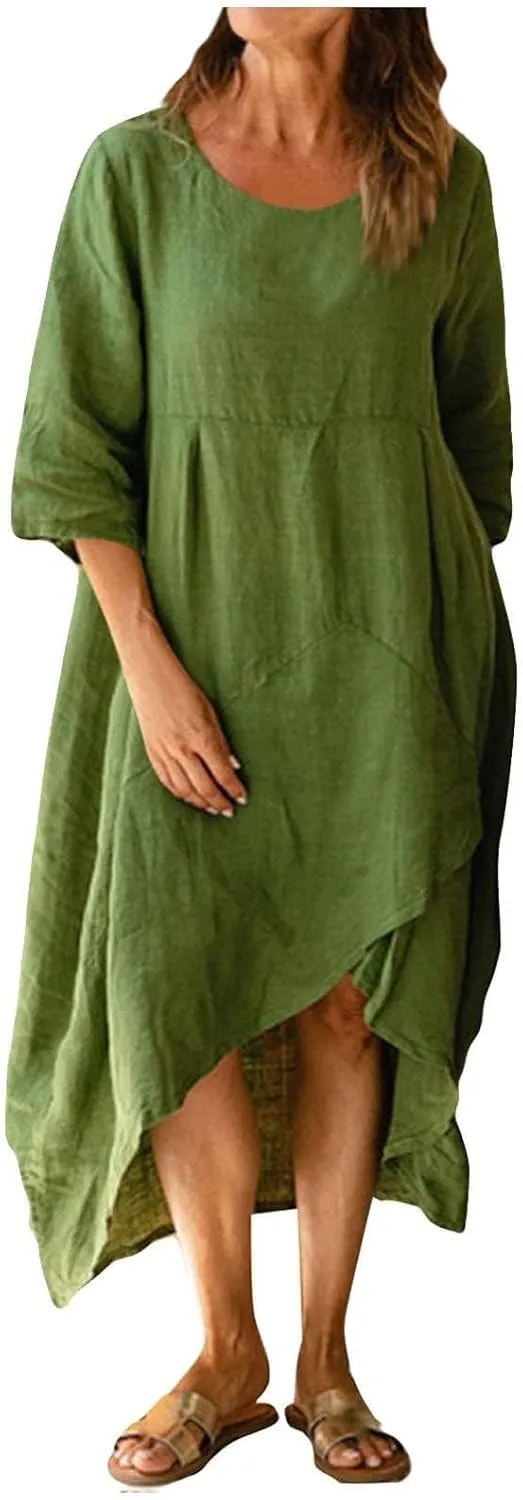 Linen Dresses for Women Casual Summer Maxi Dress Short Sleeve Boho Dress Plus Size Beach Vacation Sundress Clothes
