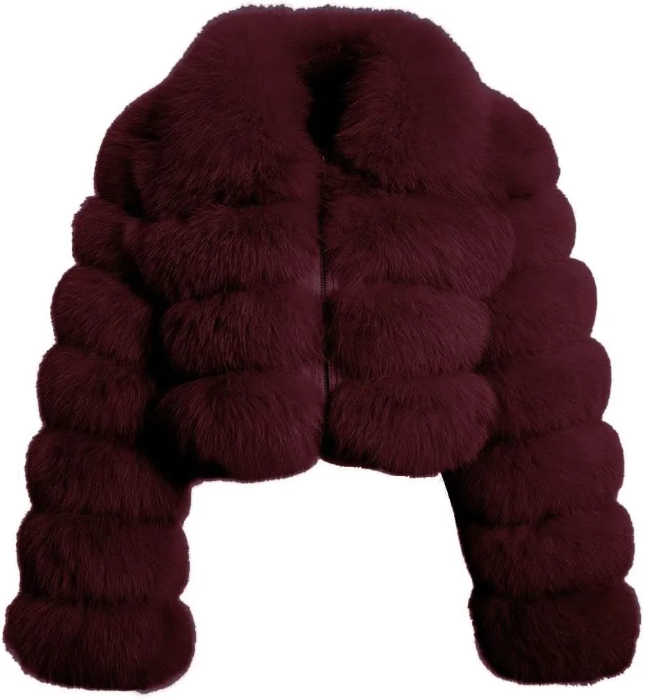 loveimgs Women Fluffy Faux Fur Coat Cropped Jacket Puffer Jacket Zip Up Winter Warm Fuzzy Teddy Jacket