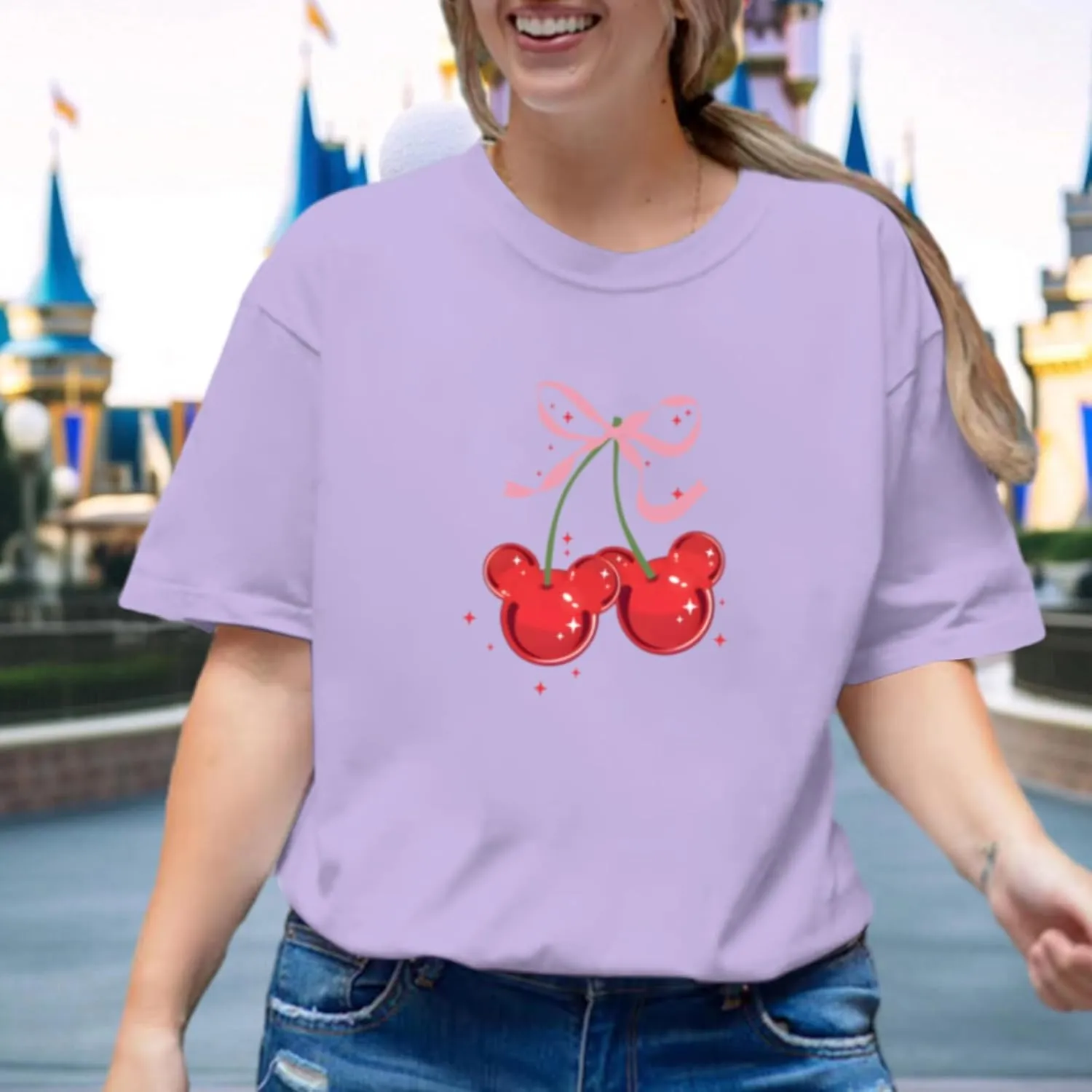 Magical Shirt for Women Cherry Bow Graphic Oversized T Shirt Family Holiday Vacation Funny Cute Aesthetic Tee Tops