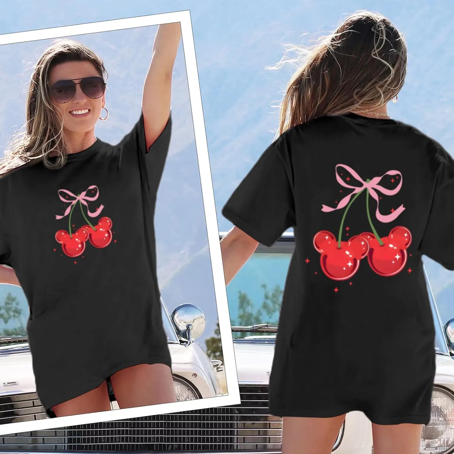 Magical Shirt for Women Cherry Bow Graphic Oversized T Shirt Family Holiday Vacation Funny Cute Aesthetic Tee Tops
