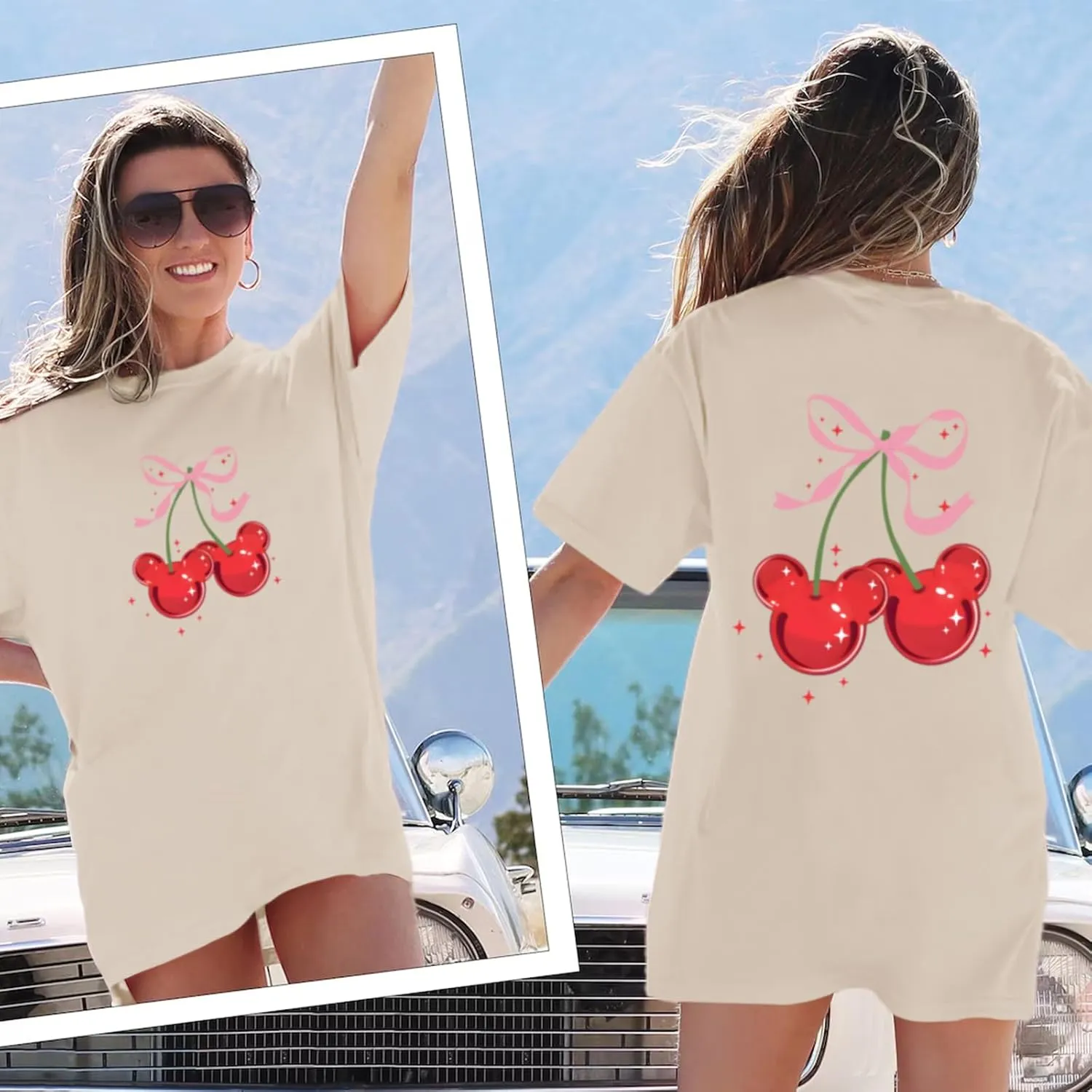 Magical Shirt for Women Cherry Bow Graphic Oversized T Shirt Family Holiday Vacation Funny Cute Aesthetic Tee Tops