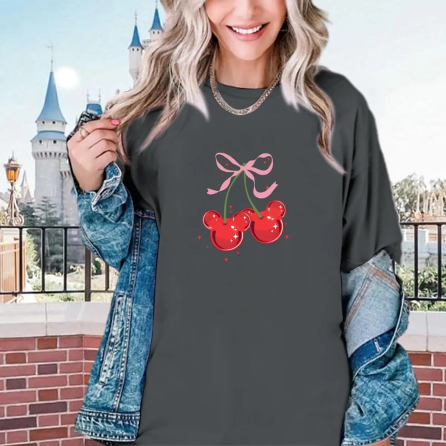 Magical Shirt for Women Cherry Bow Graphic Oversized T Shirt Family Holiday Vacation Funny Cute Aesthetic Tee Tops