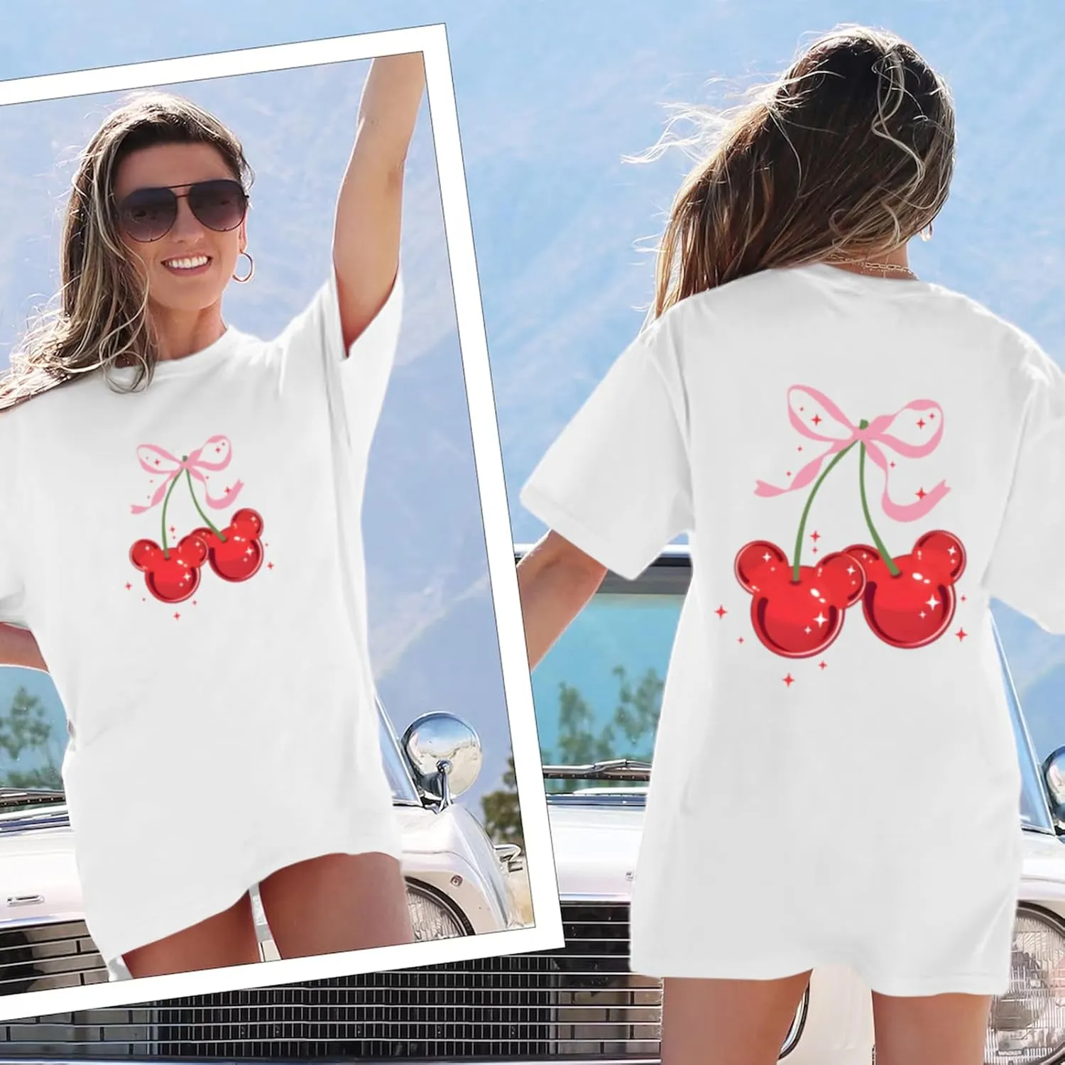 Magical Shirt for Women Cherry Bow Graphic Oversized T Shirt Family Holiday Vacation Funny Cute Aesthetic Tee Tops