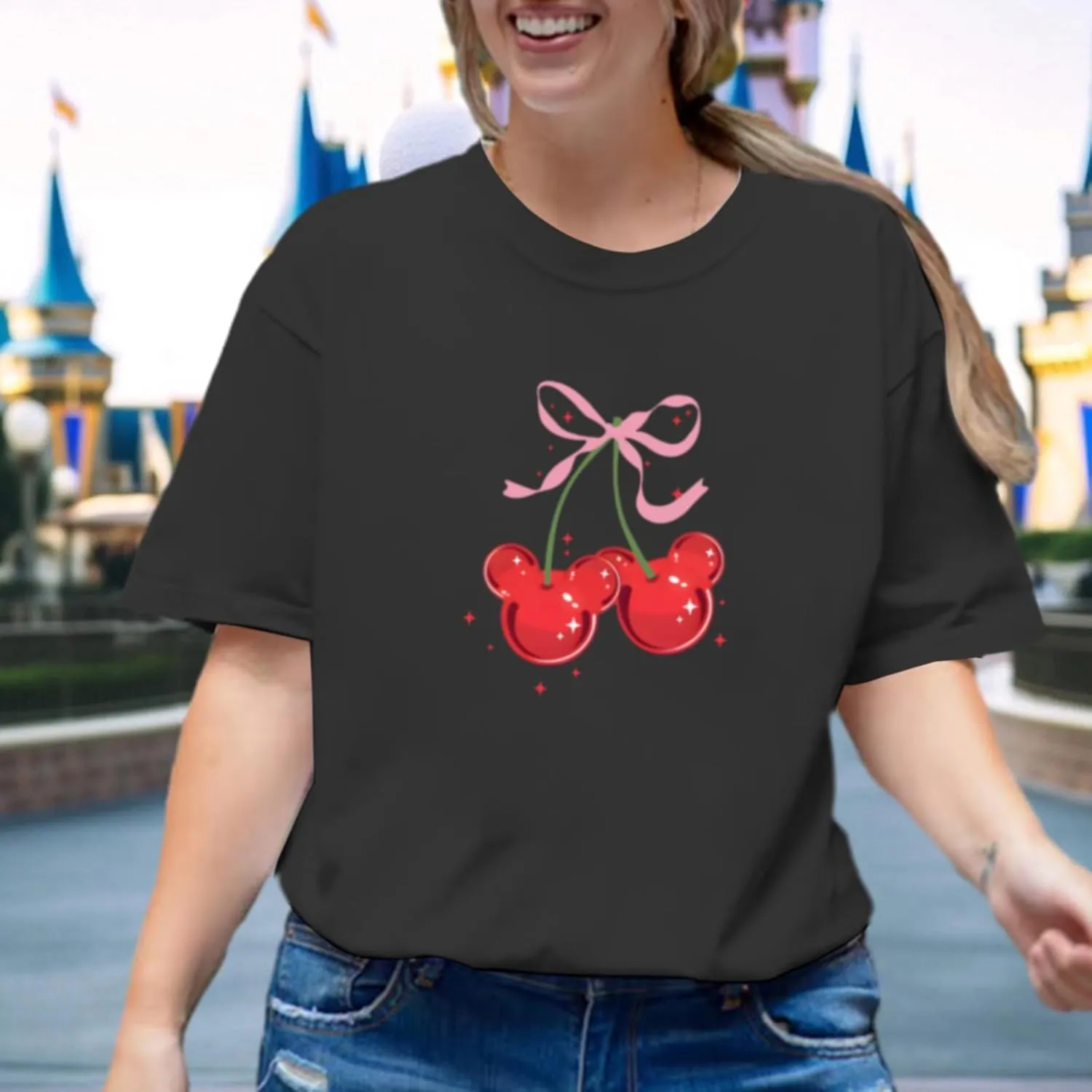 Magical Shirt for Women Cherry Bow Graphic Oversized T Shirt Family Holiday Vacation Funny Cute Aesthetic Tee Tops