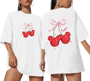 Magical Shirt for Women Cherry Bow Graphic Oversized T Shirt Family Holiday Vacation Funny Cute Aesthetic Tee Tops