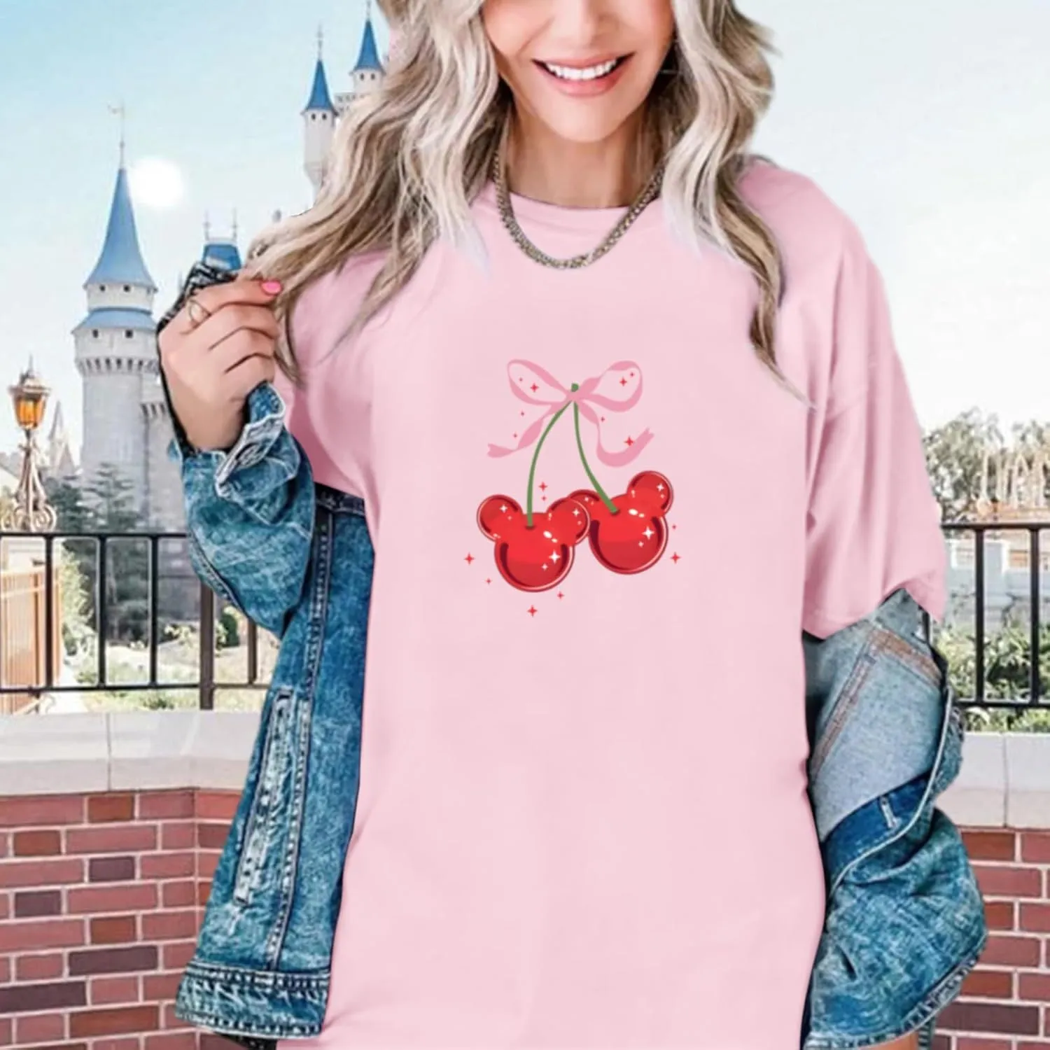 Magical Shirt for Women Cherry Bow Graphic Oversized T Shirt Family Holiday Vacation Funny Cute Aesthetic Tee Tops