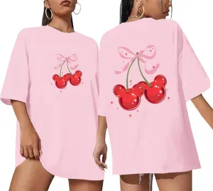 Magical Shirt for Women Cherry Bow Graphic Oversized T Shirt Family Holiday Vacation Funny Cute Aesthetic Tee Tops