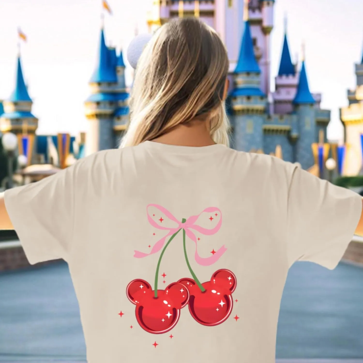 Magical Shirt for Women Cherry Bow Graphic Oversized T Shirt Family Holiday Vacation Funny Cute Aesthetic Tee Tops