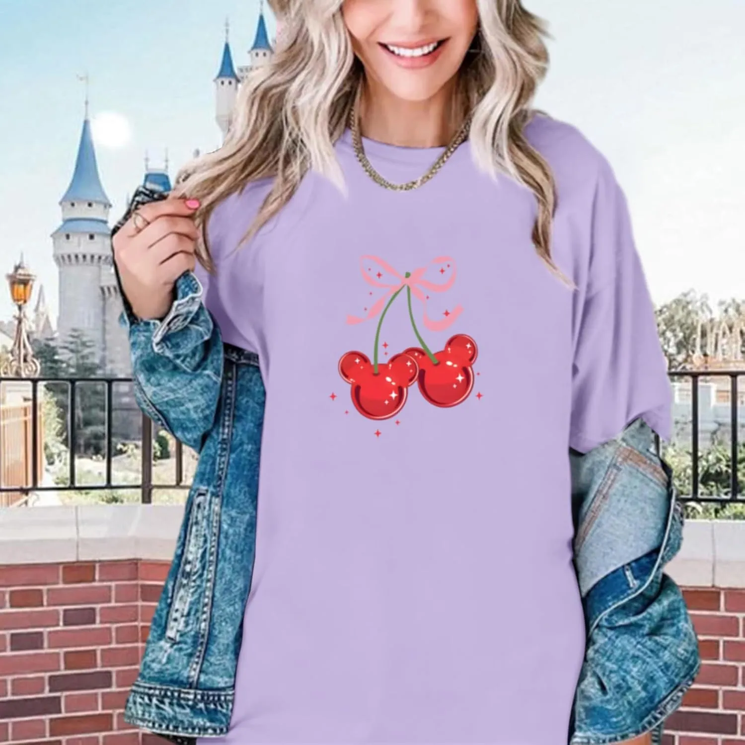 Magical Shirt for Women Cherry Bow Graphic Oversized T Shirt Family Holiday Vacation Funny Cute Aesthetic Tee Tops