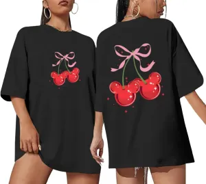 Magical Shirt for Women Cherry Bow Graphic Oversized T Shirt Family Holiday Vacation Funny Cute Aesthetic Tee Tops