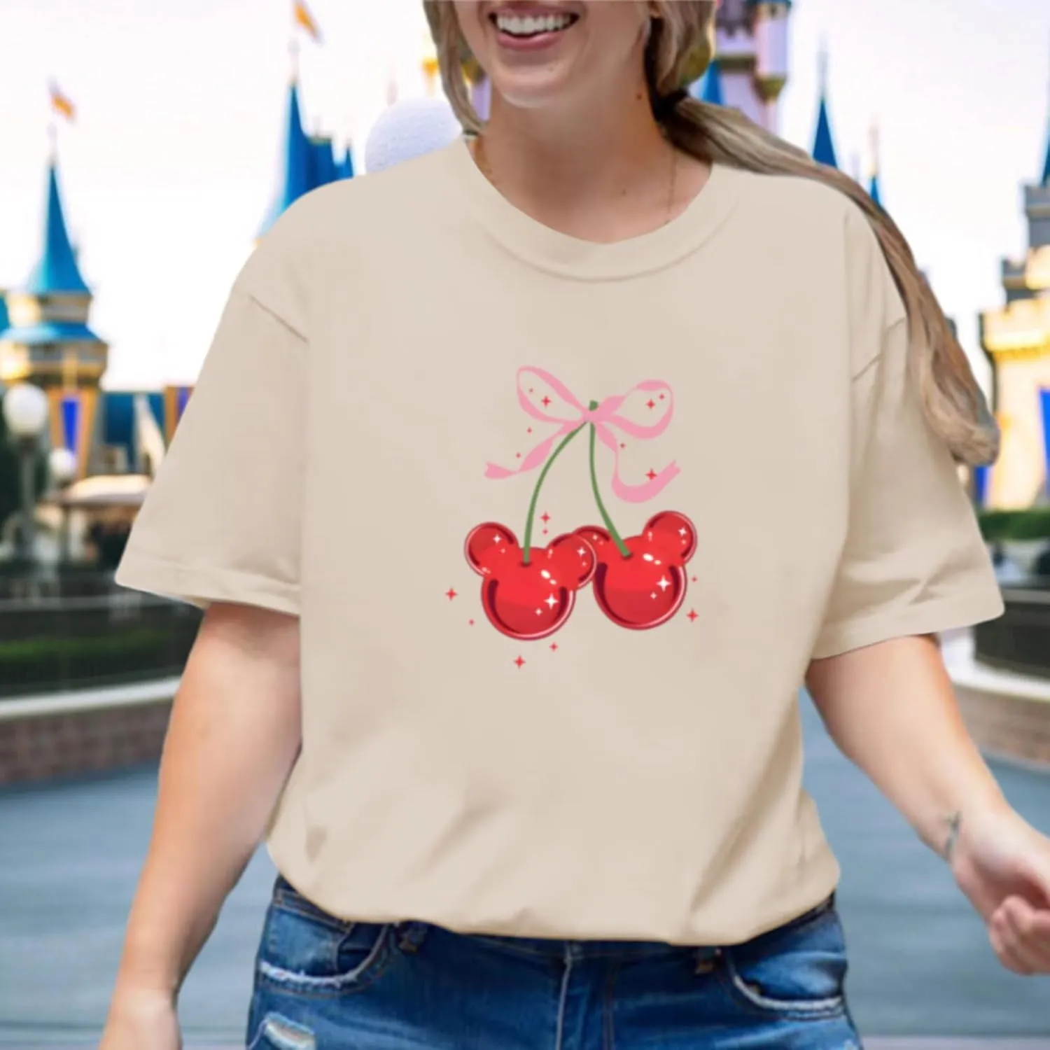 Magical Shirt for Women Cherry Bow Graphic Oversized T Shirt Family Holiday Vacation Funny Cute Aesthetic Tee Tops