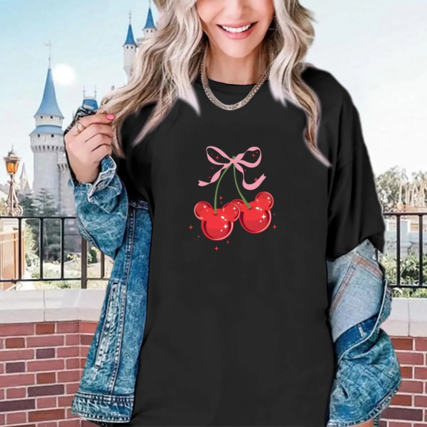 Magical Shirt for Women Cherry Bow Graphic Oversized T Shirt Family Holiday Vacation Funny Cute Aesthetic Tee Tops