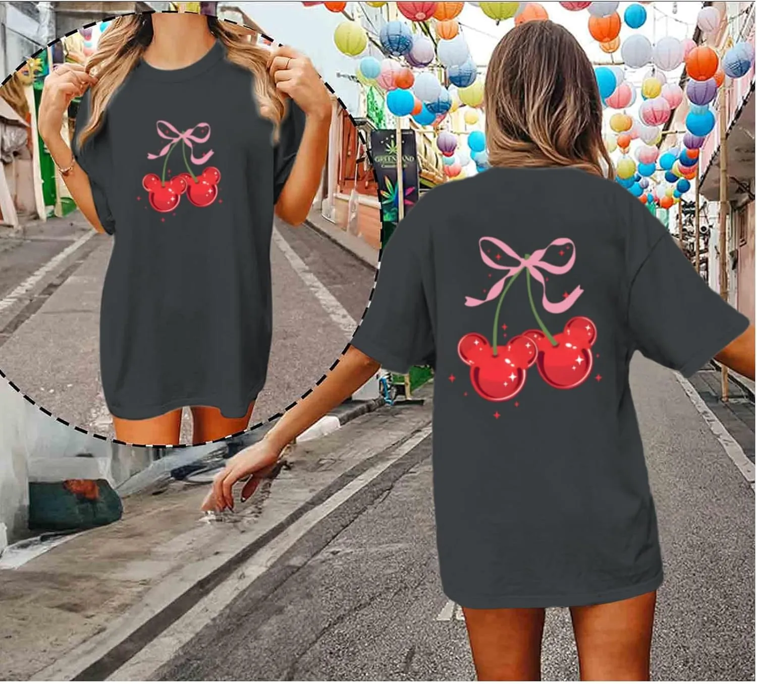 Magical Shirt for Women Cherry Bow Graphic Oversized T Shirt Family Holiday Vacation Funny Cute Aesthetic Tee Tops