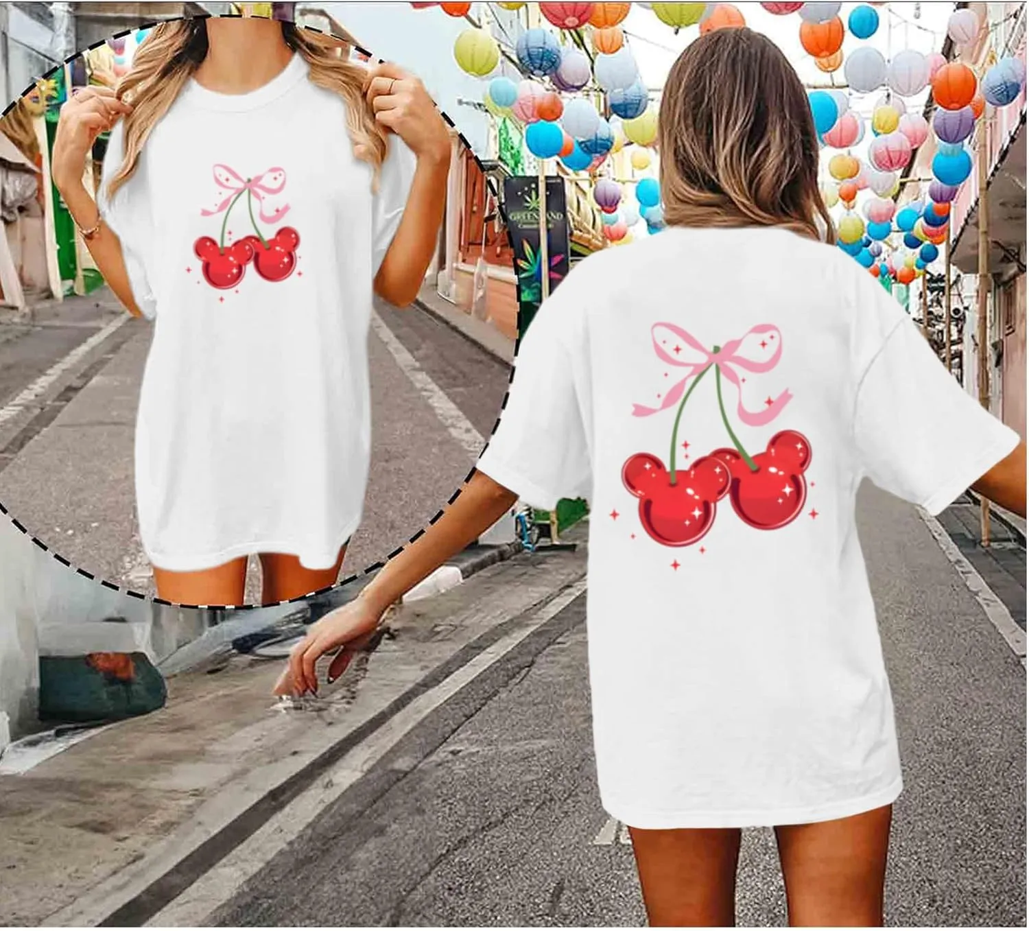 Magical Shirt for Women Cherry Bow Graphic Oversized T Shirt Family Holiday Vacation Funny Cute Aesthetic Tee Tops