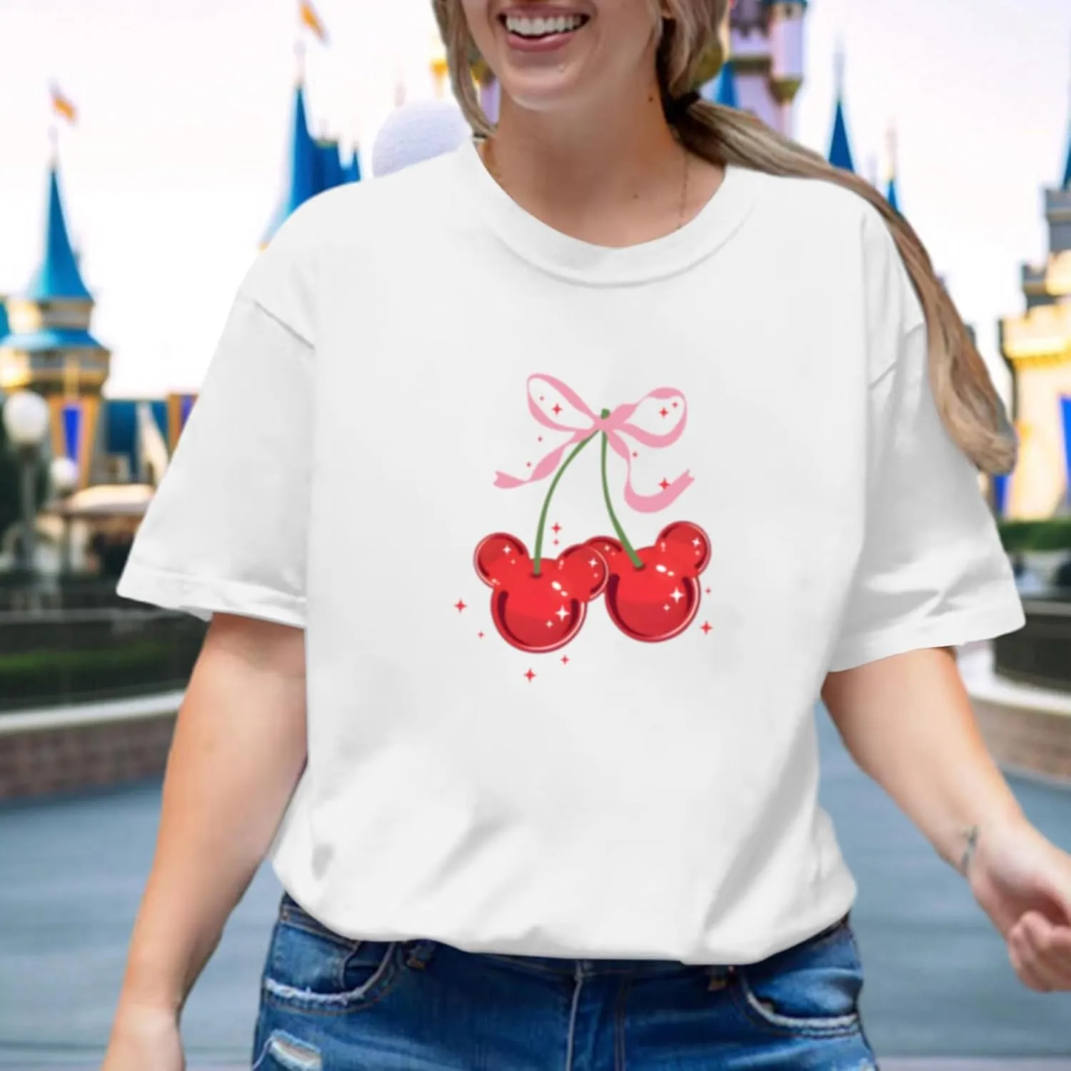 Magical Shirt for Women Cherry Bow Graphic Oversized T Shirt Family Holiday Vacation Funny Cute Aesthetic Tee Tops