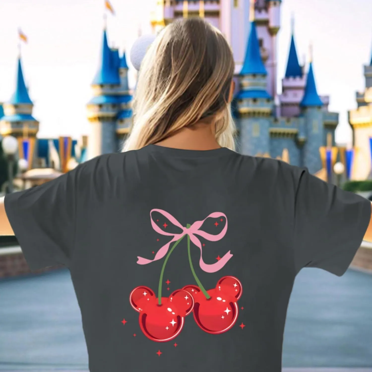 Magical Shirt for Women Cherry Bow Graphic Oversized T Shirt Family Holiday Vacation Funny Cute Aesthetic Tee Tops