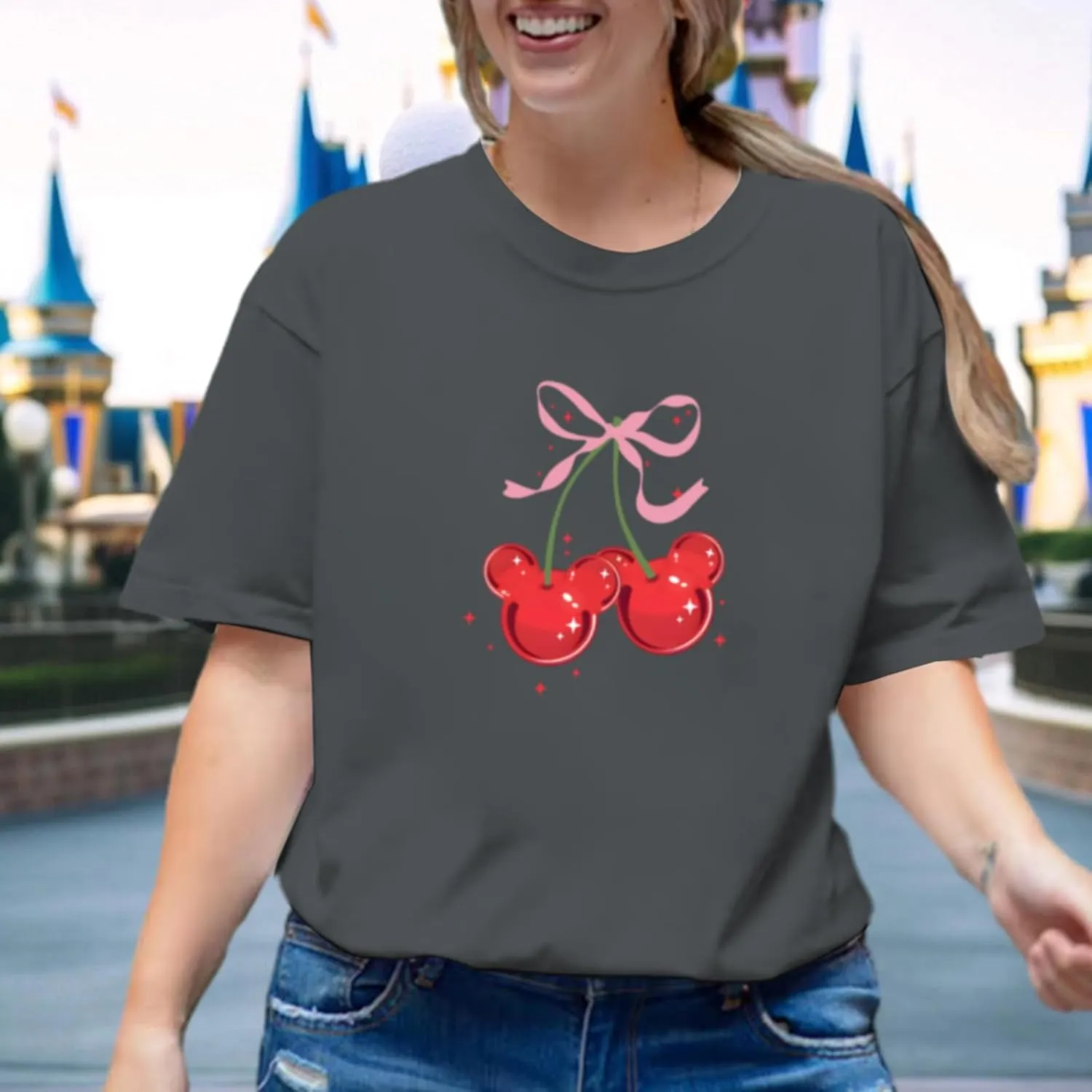 Magical Shirt for Women Cherry Bow Graphic Oversized T Shirt Family Holiday Vacation Funny Cute Aesthetic Tee Tops