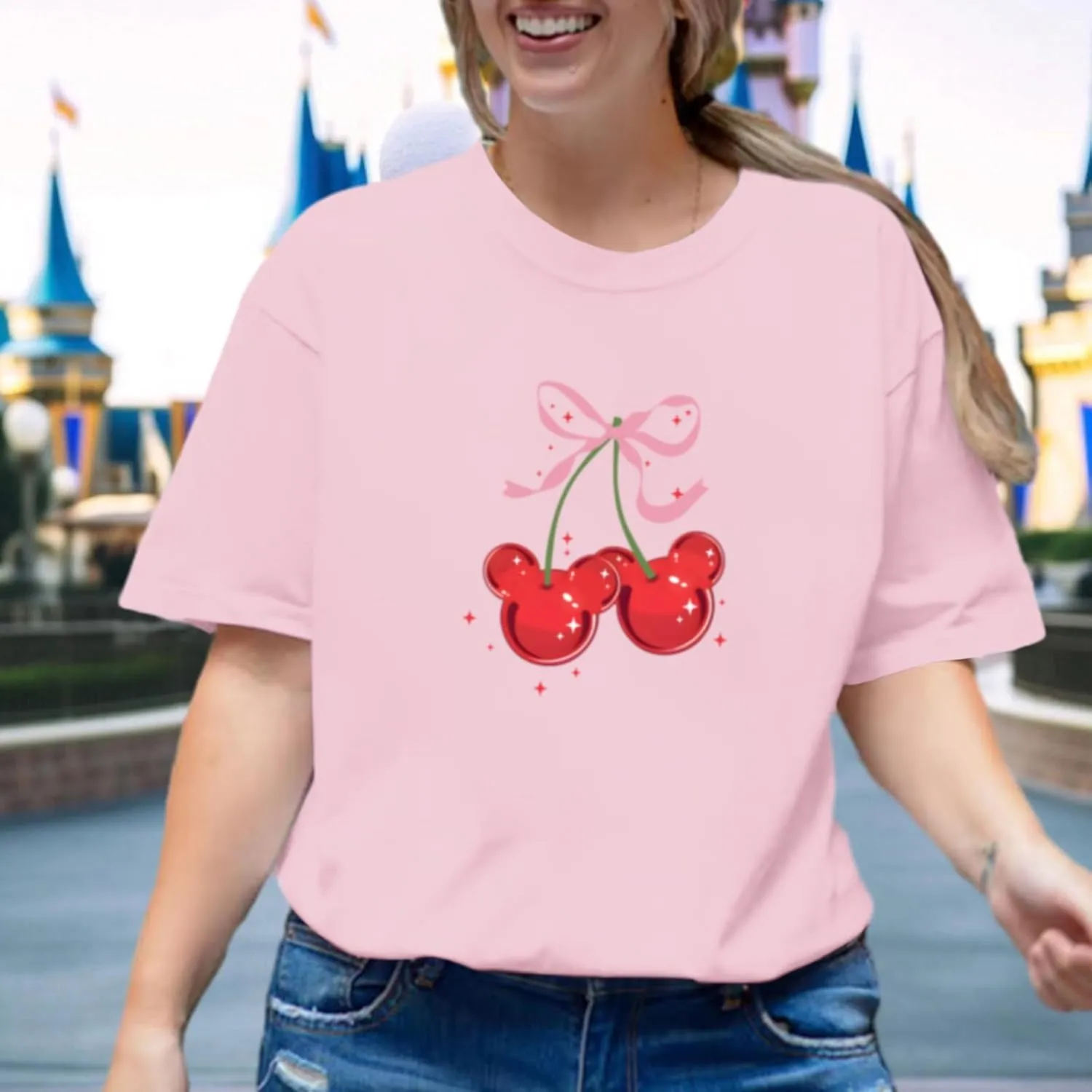 Magical Shirt for Women Cherry Bow Graphic Oversized T Shirt Family Holiday Vacation Funny Cute Aesthetic Tee Tops