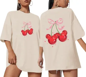 Magical Shirt for Women Cherry Bow Graphic Oversized T Shirt Family Holiday Vacation Funny Cute Aesthetic Tee Tops