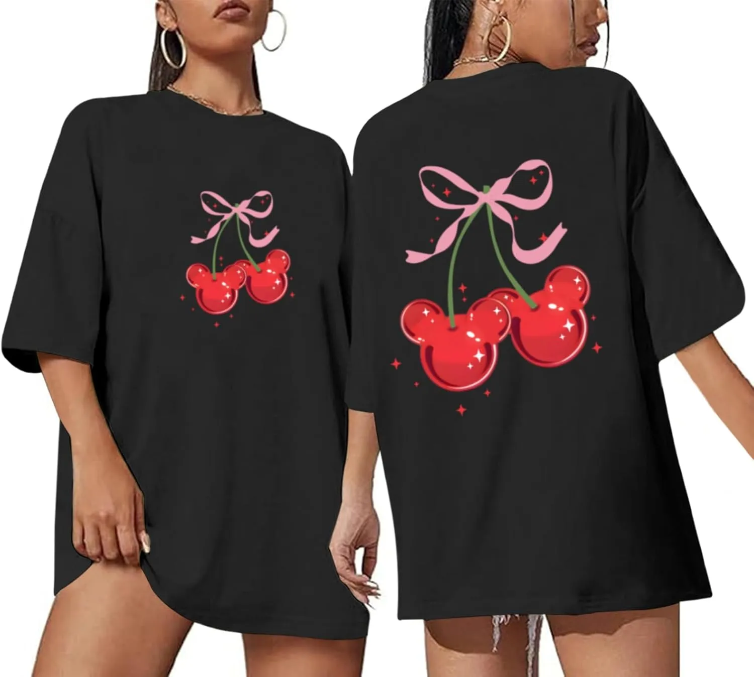 Magical Shirt for Women Cherry Bow Graphic Oversized T Shirt Family Holiday Vacation Funny Cute Aesthetic Tee Tops