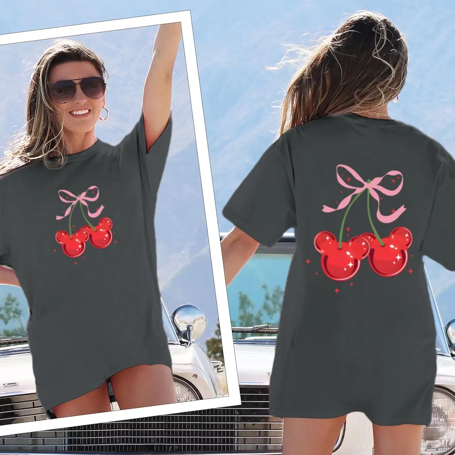 Magical Shirt for Women Cherry Bow Graphic Oversized T Shirt Family Holiday Vacation Funny Cute Aesthetic Tee Tops