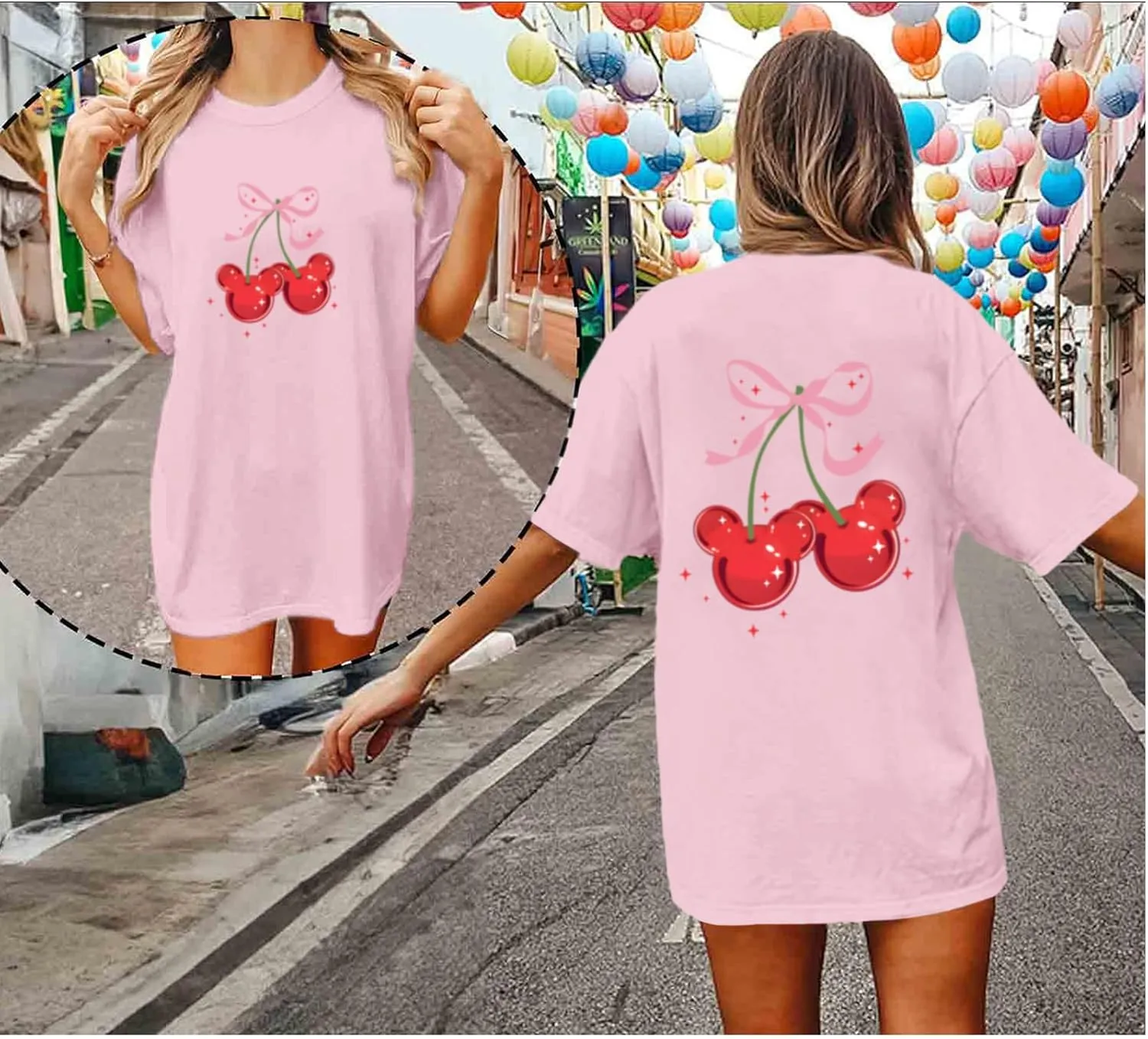 Magical Shirt for Women Cherry Bow Graphic Oversized T Shirt Family Holiday Vacation Funny Cute Aesthetic Tee Tops