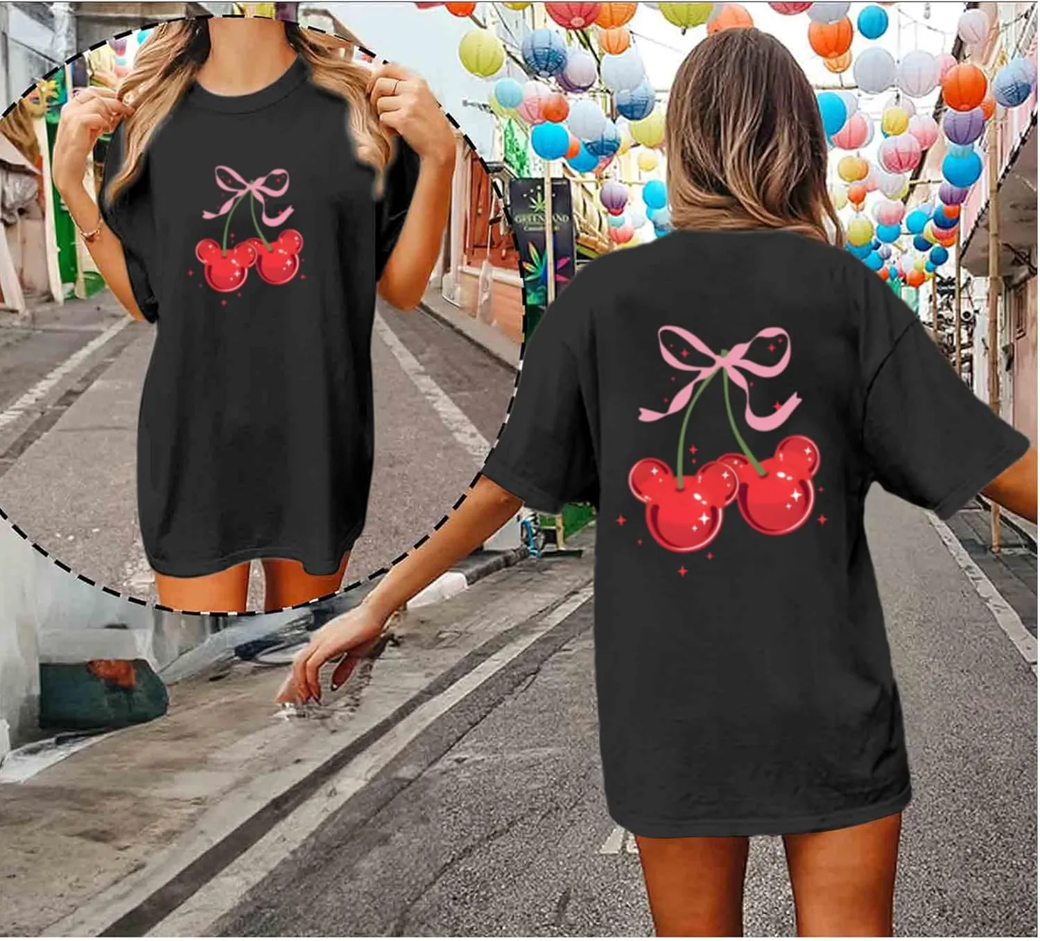 Magical Shirt for Women Cherry Bow Graphic Oversized T Shirt Family Holiday Vacation Funny Cute Aesthetic Tee Tops