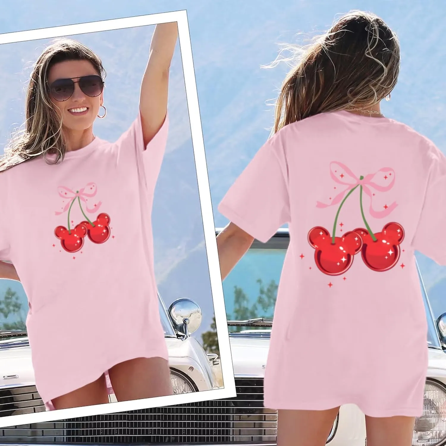 Magical Shirt for Women Cherry Bow Graphic Oversized T Shirt Family Holiday Vacation Funny Cute Aesthetic Tee Tops