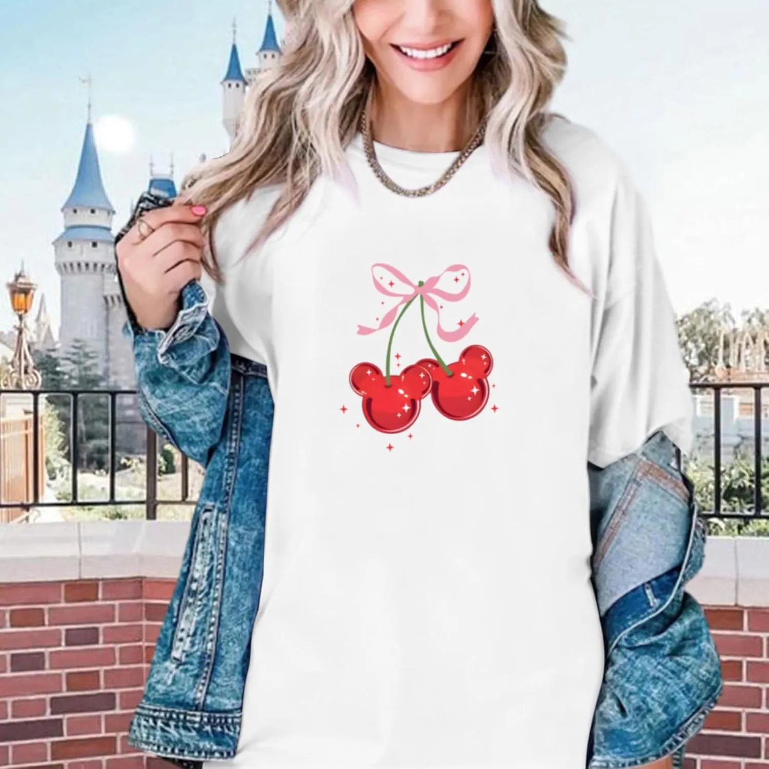 Magical Shirt for Women Cherry Bow Graphic Oversized T Shirt Family Holiday Vacation Funny Cute Aesthetic Tee Tops