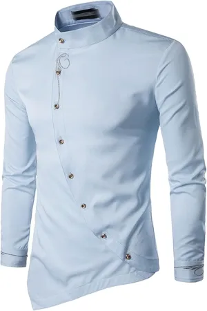Maiyifu-GJ Men's Irregular Hem Slim Fit Shirt Long Sleeve Button Down Muscle Shirts Casual Retro Banded Collar Dress Shirt