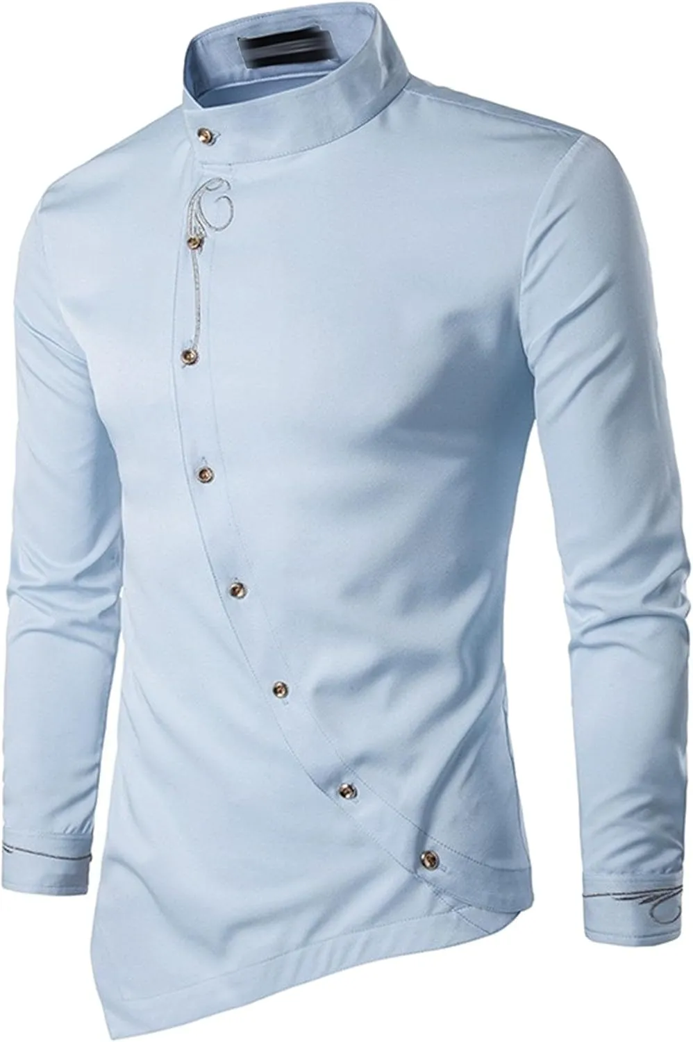 Maiyifu-GJ Men's Irregular Hem Slim Fit Shirt Long Sleeve Button Down Muscle Shirts Casual Retro Banded Collar Dress Shirt