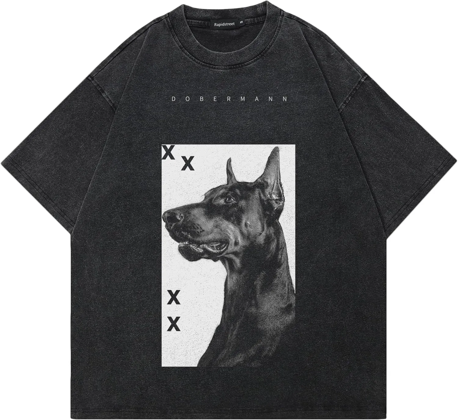 Men Streetwear Vintage Washed Black T-Shirt Animal Graphic Doberman Dog Tee Shirt Unisex