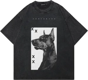 Men Streetwear Vintage Washed Black T-Shirt Animal Graphic Doberman Dog Tee Shirt Unisex