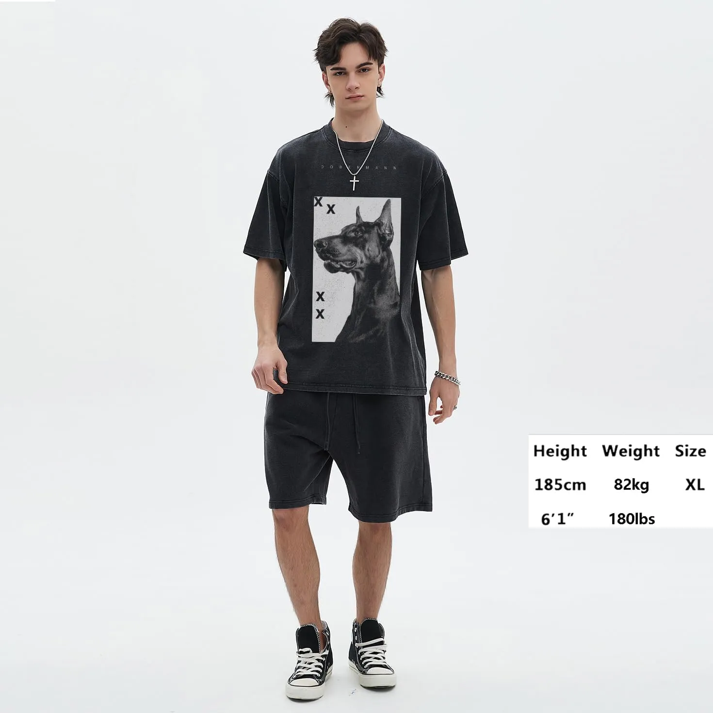 Men Streetwear Vintage Washed Black T-Shirt Animal Graphic Doberman Dog Tee Shirt Unisex