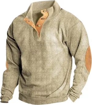 Mens Vintage Sweatshirt Casual Henley Pullover Waffle Button Up Sweater Long Sleeve Shirt with Patched Elbow